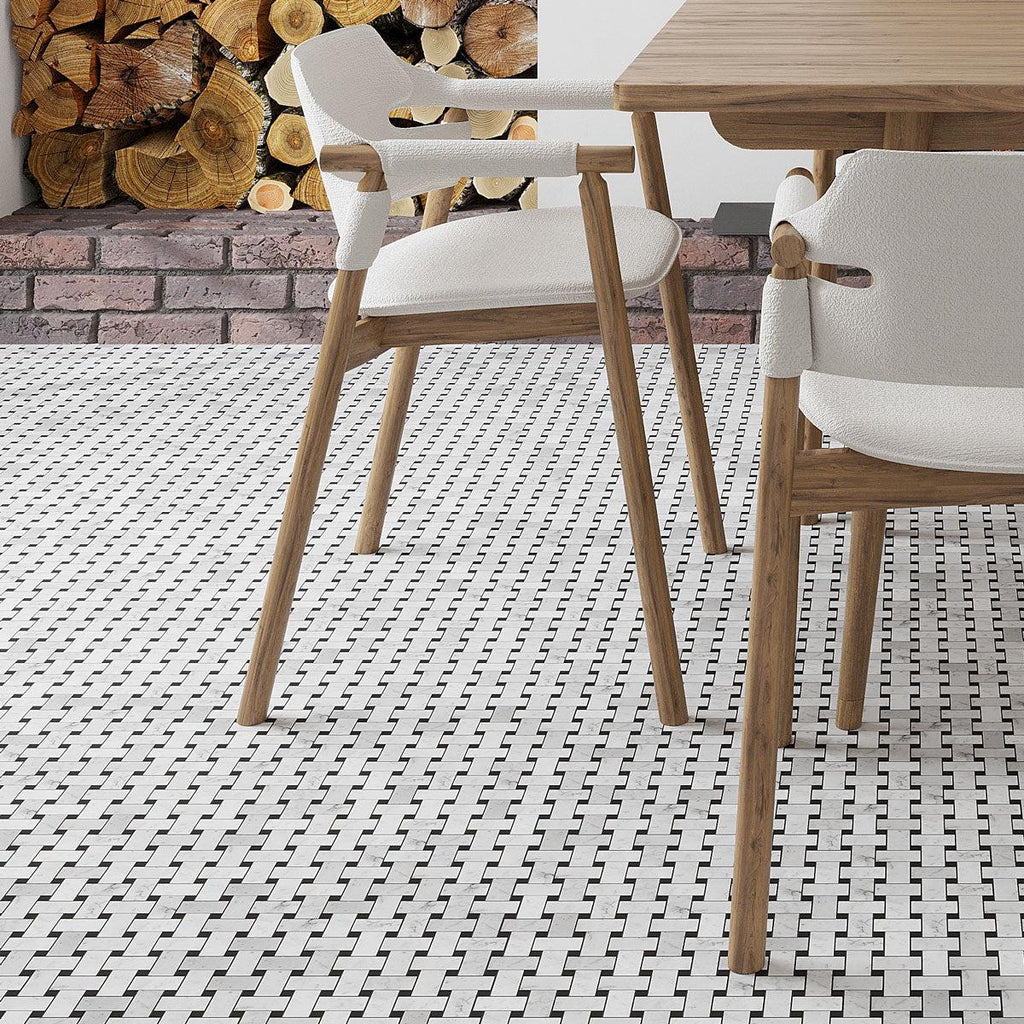 Carrara Basket Weave Tile with Black Dots | Tile Club