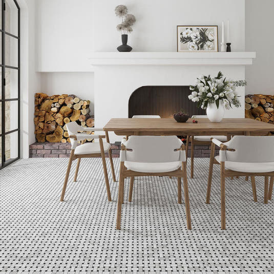 Carrara Basket Weave Tile with Black Dots | Tile Club