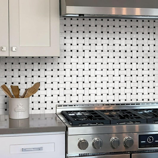 Basket Weave Carrara With Black Dot Polished Marble Tile kitchen backsplash