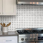 Basket Weave Carrara With Black Dot Polished Marble Tile kitchen backsplash