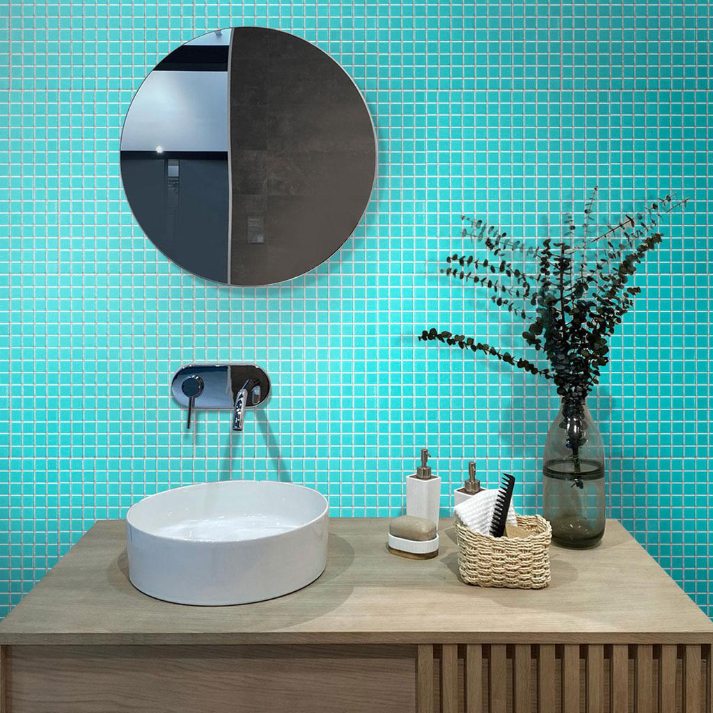 Beach Blue Squares Glass Pool Tile Bathroom Backsplash