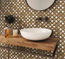 Stone and glass tile bathroom backsplash