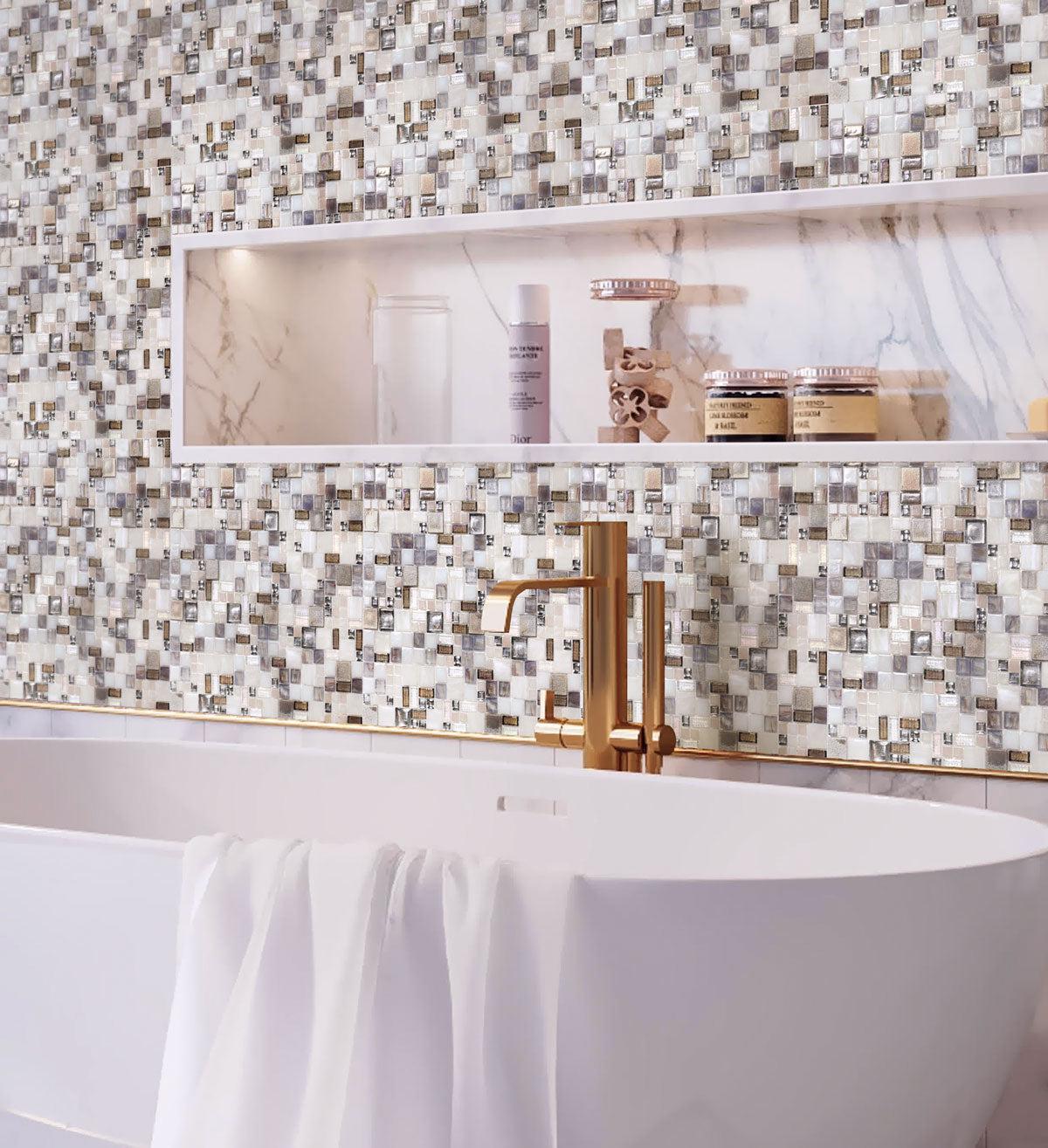 White and beige glass mosaic tile with hints of gold