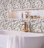 White and beige glass mosaic tile with hints of gold