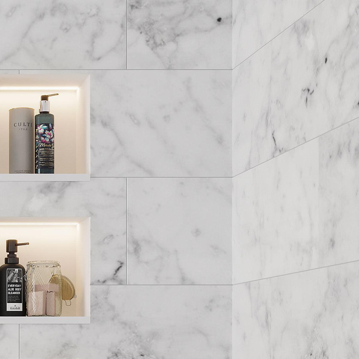 Bianco Carrara Large Marble Subway Tile Shower Wall