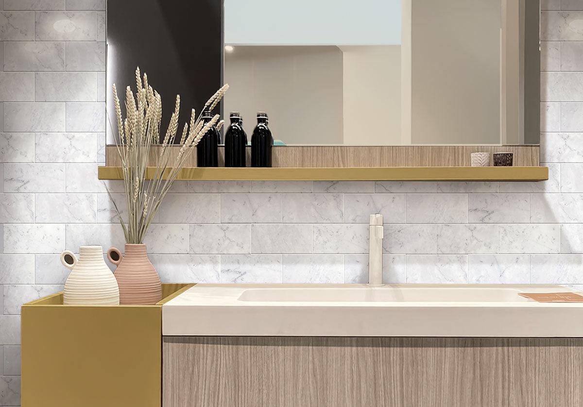 Bianco Carrara marble subway tile bathroom wall