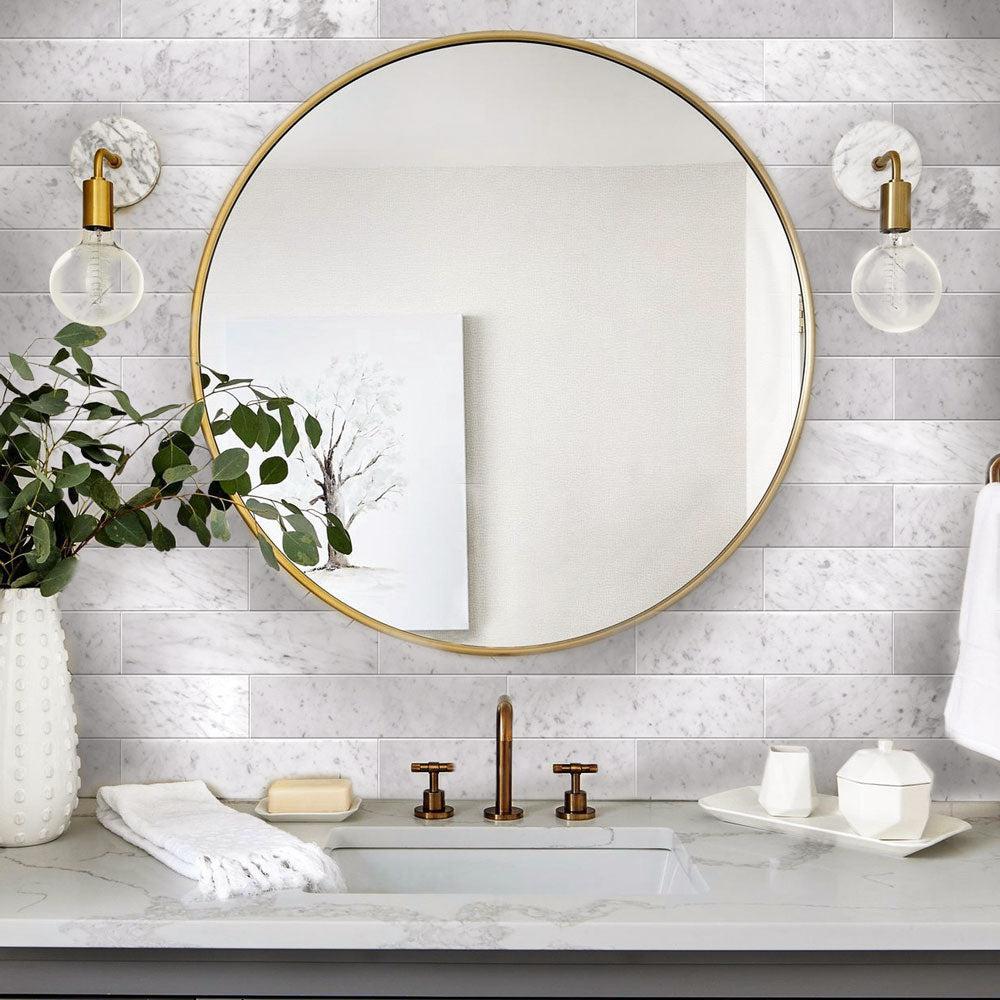 Bianco Carrara Honed Marble Subway Tile for a bathroom vanity backsplash