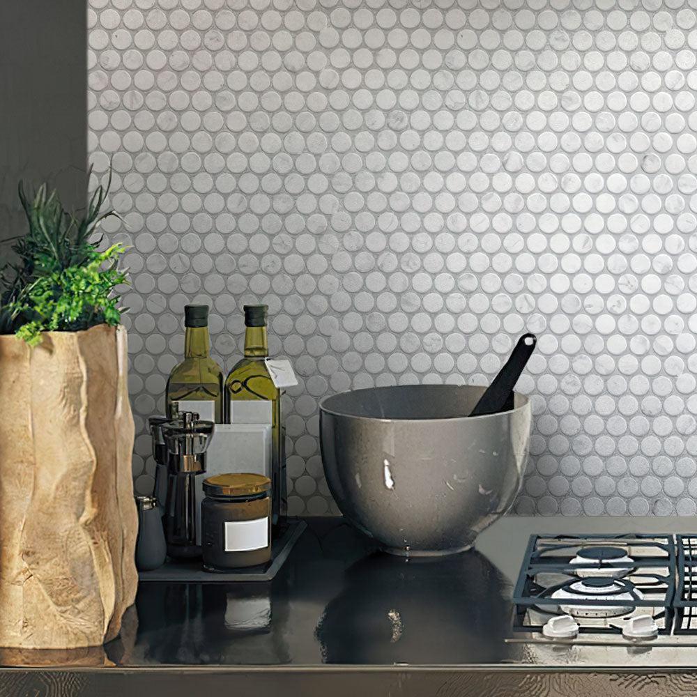 Bianco Carrara Penny Round Honed Marble Tile | Tile Club