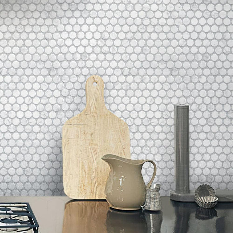 Bianco Carrara Penny Round Honed Marble Tile | Tile Club