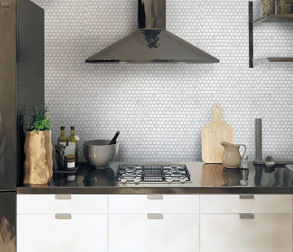 Bianco Carrara Penny Round Honed Marble Tile kitchen backsplash