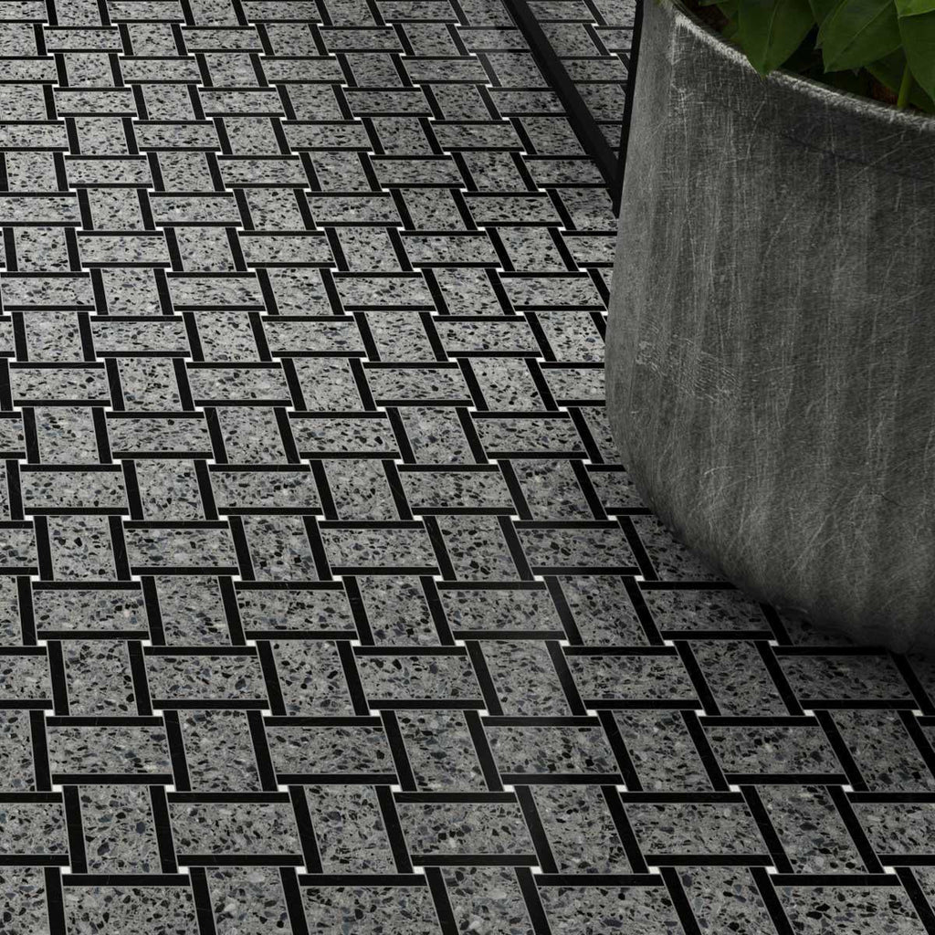 Black and Gray Terrazzo Basket Weave Mosaic Tile | Tile Club