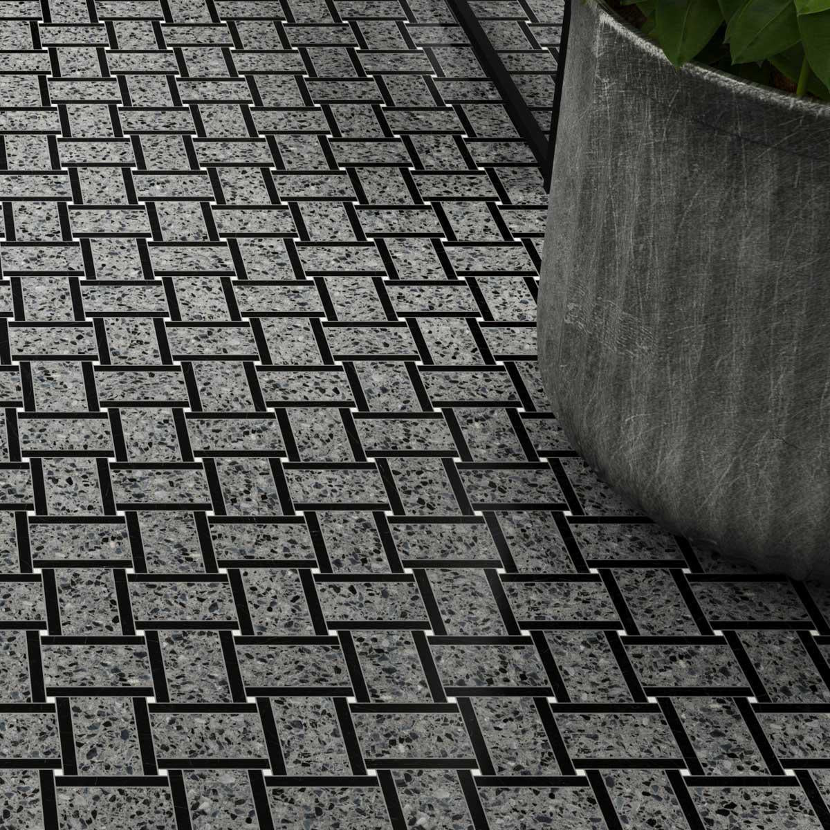 Black and Gray Terrazzo Basket Weave Mosaic Tile | Tile Club