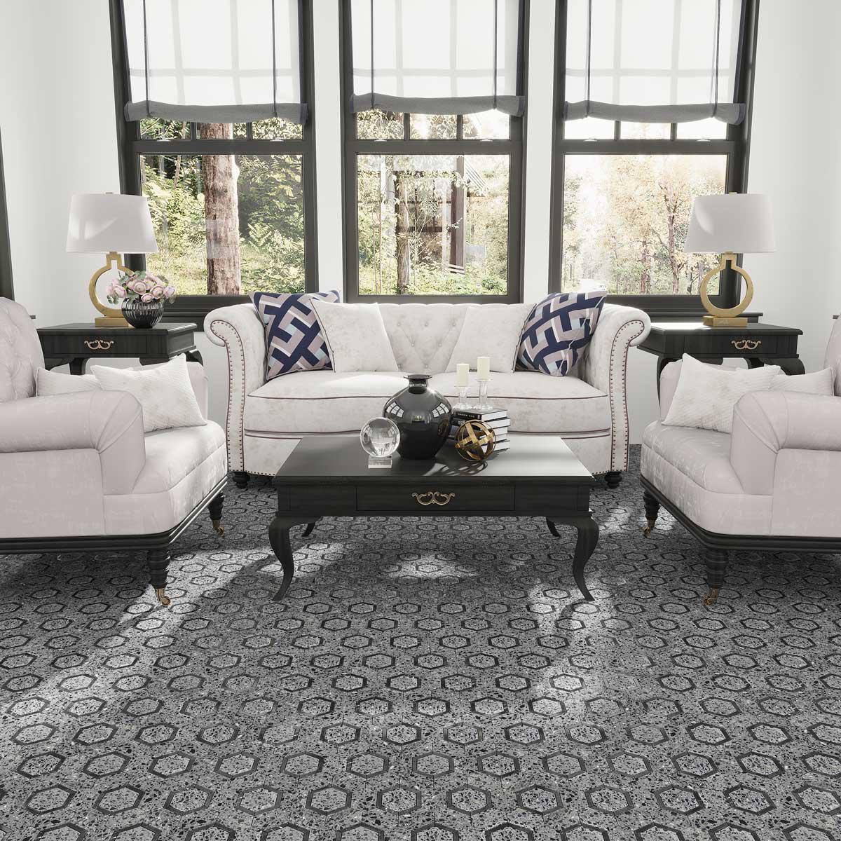 Black and Gray Terrazzo Hexagon Mosaic Tile living room floor