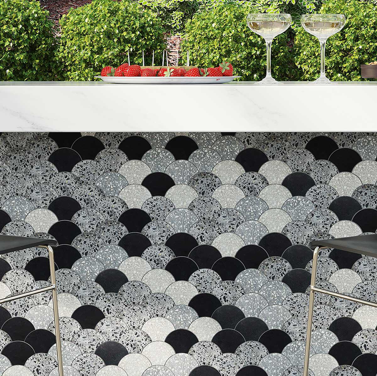 Black and gray fan terrazzo tile