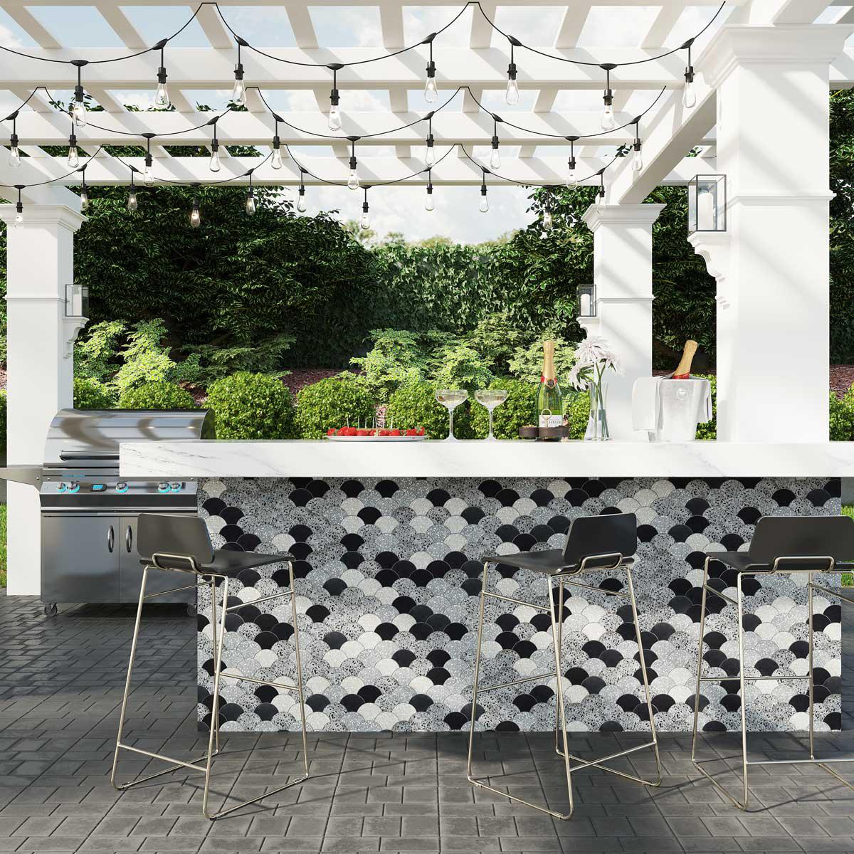 Outdoor patio bar with terrazzo fan tiles