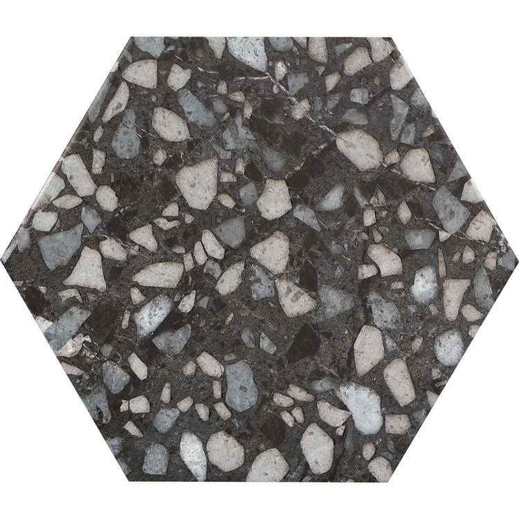 Black and White Chic Terrazzo Hex Porcelain Tile Sample