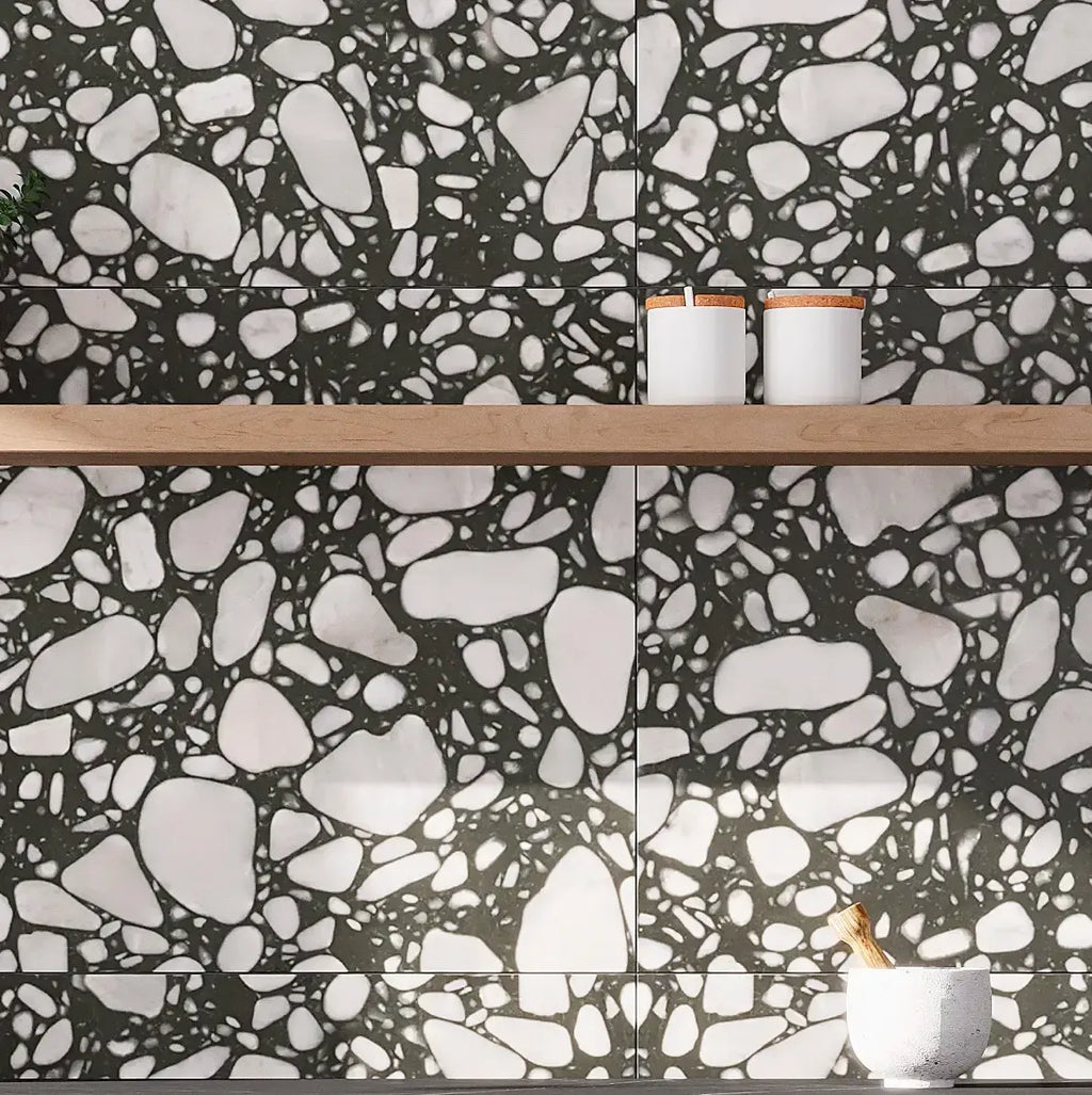 Black and White Terrazzo Resin Tile Slab Backsplash