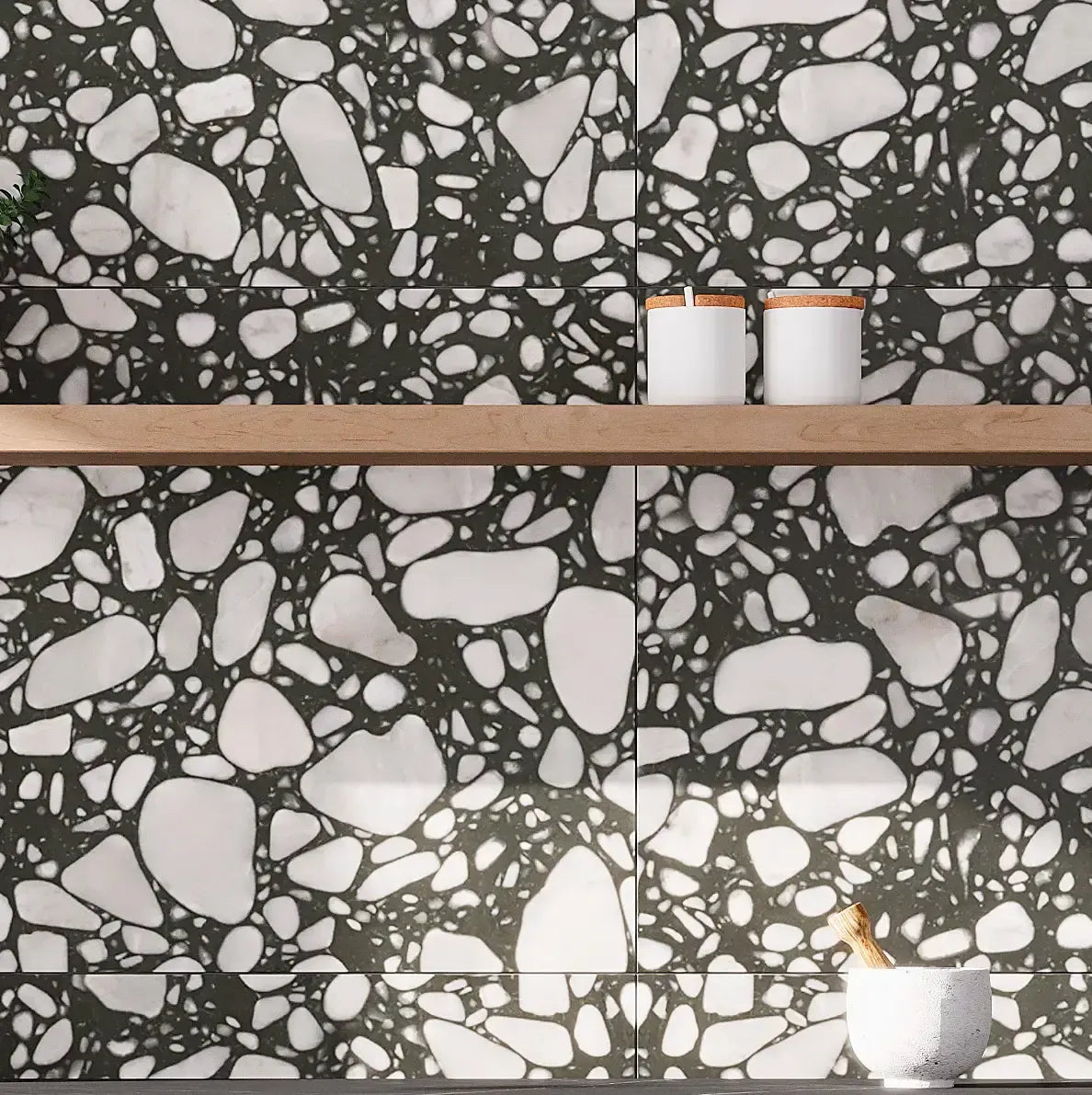 Black and White Terrazzo Resin Tile Slab Backsplash