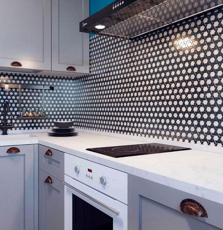 Black and White Kitchen with Glass Mosaic Tile