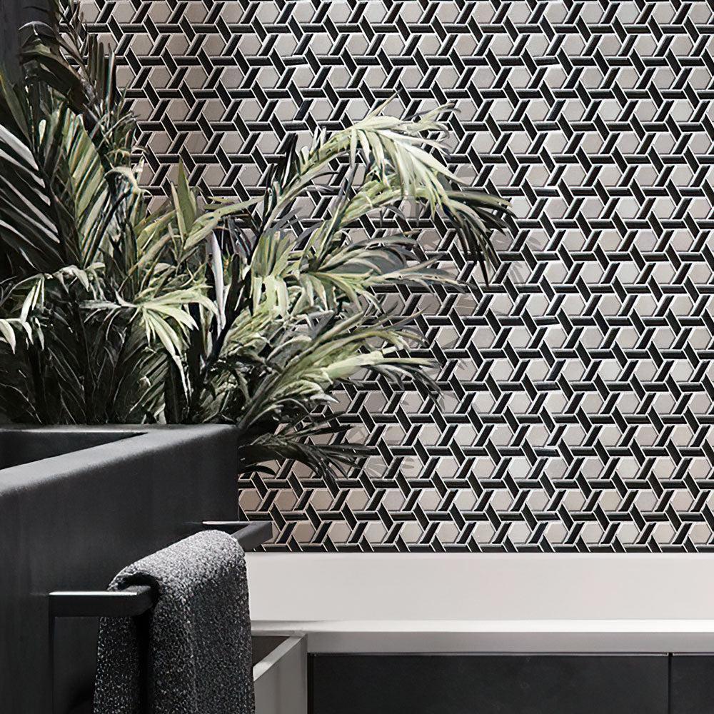 Black And White Weaved Hexagon Glass Mosaic Tile | Tile Club