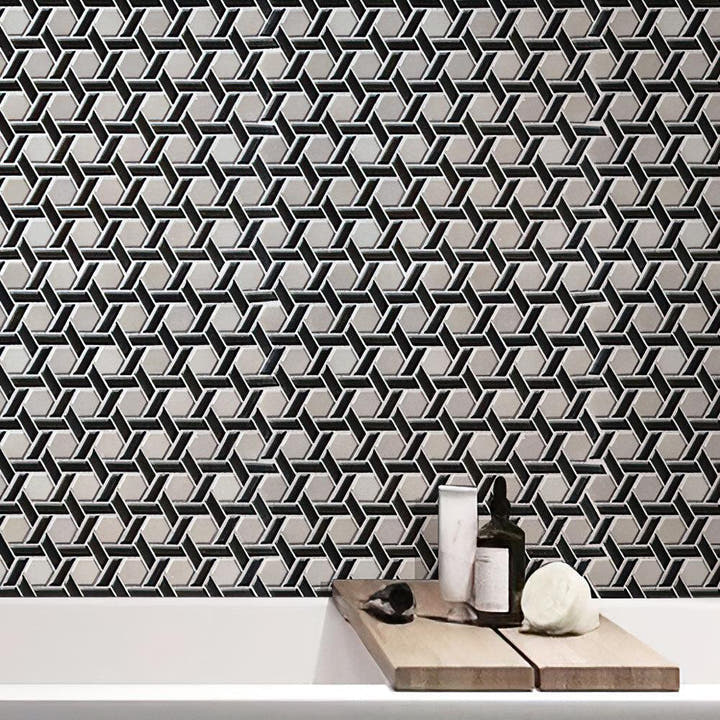 Black And White Weaved Hexagon Glass Mosaic Tile | Mosaic Backsplash ...