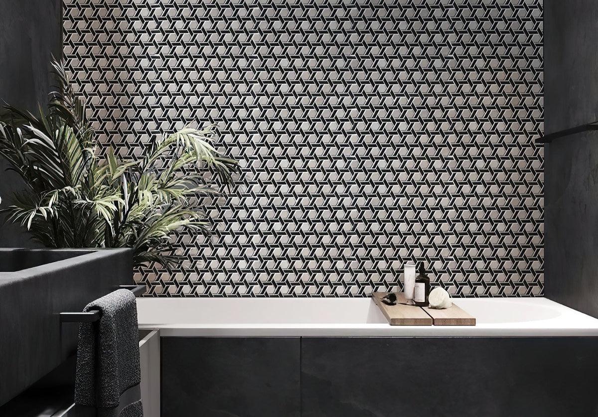 Black And White Weaved Hexagon Glass Mosaic Tile bathroom backsplash