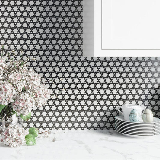 Graphite Kitchen with Black And White Glass Mosaic Tile Wall