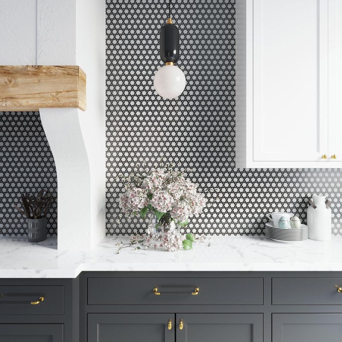 Graphite and White Kitchen with Glass Mosaic Tile Backsplash