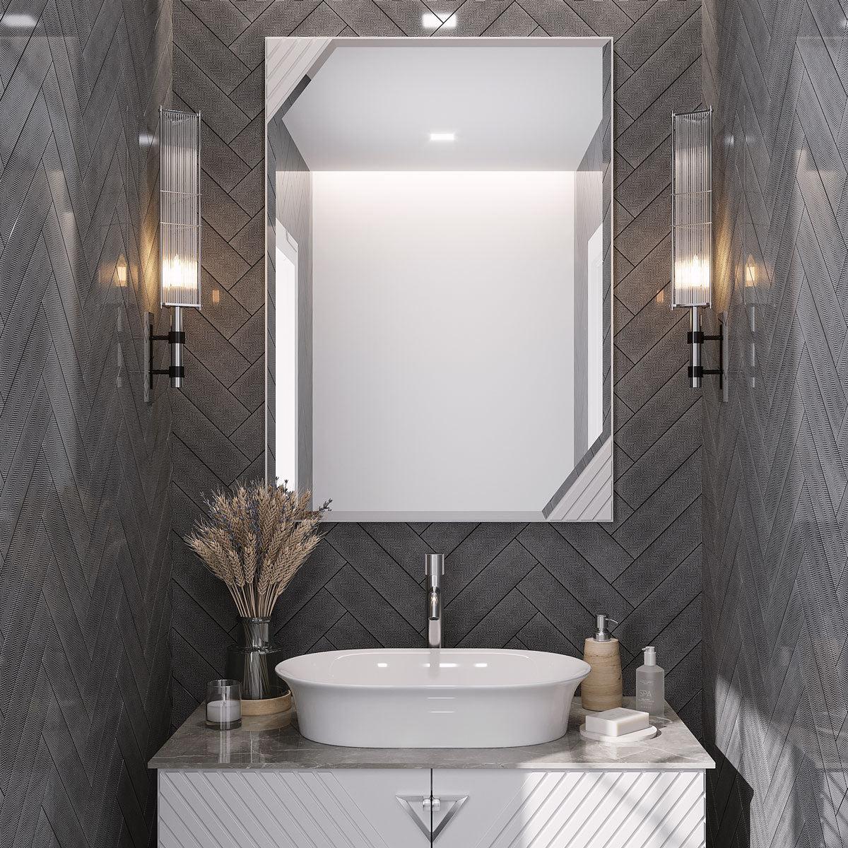 Modern bohemian bathroom with textured black wall tile