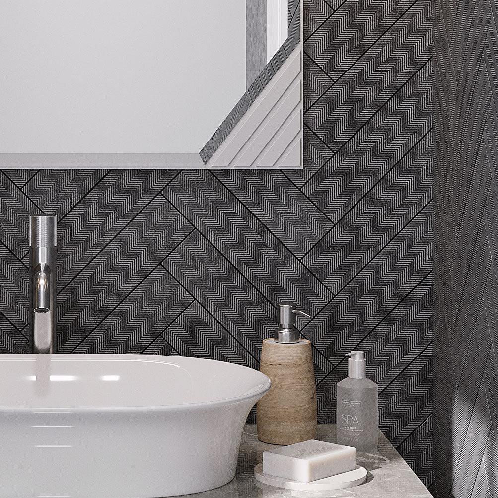 Black Chevron Etched Subway Marble Tile Bathroom Wall