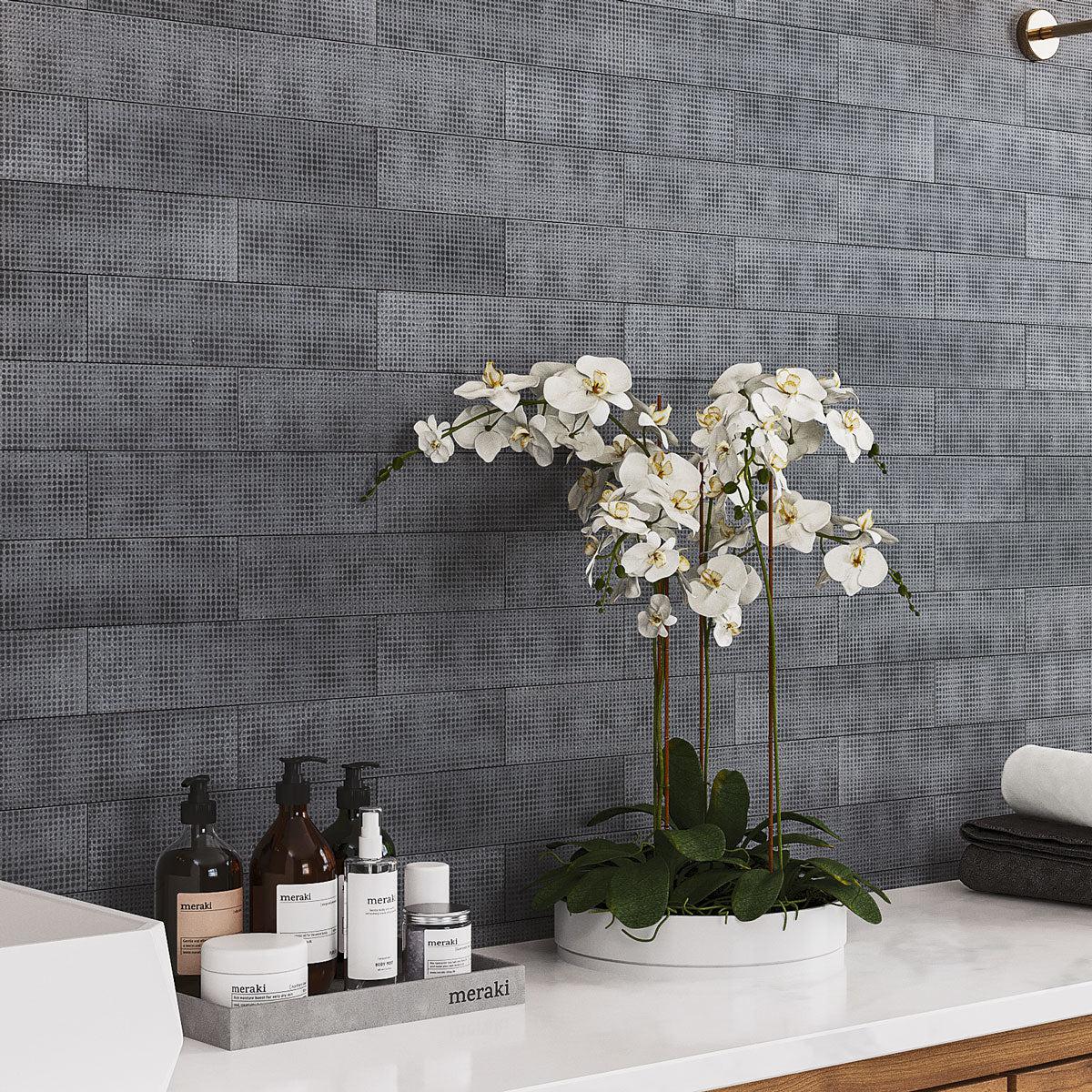 Black Dots Etched Subway Marble Tile for a textured bathroom wall