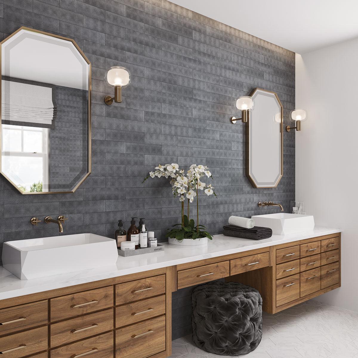 Textured black marble accent wall tile for a contemporary bathroom
