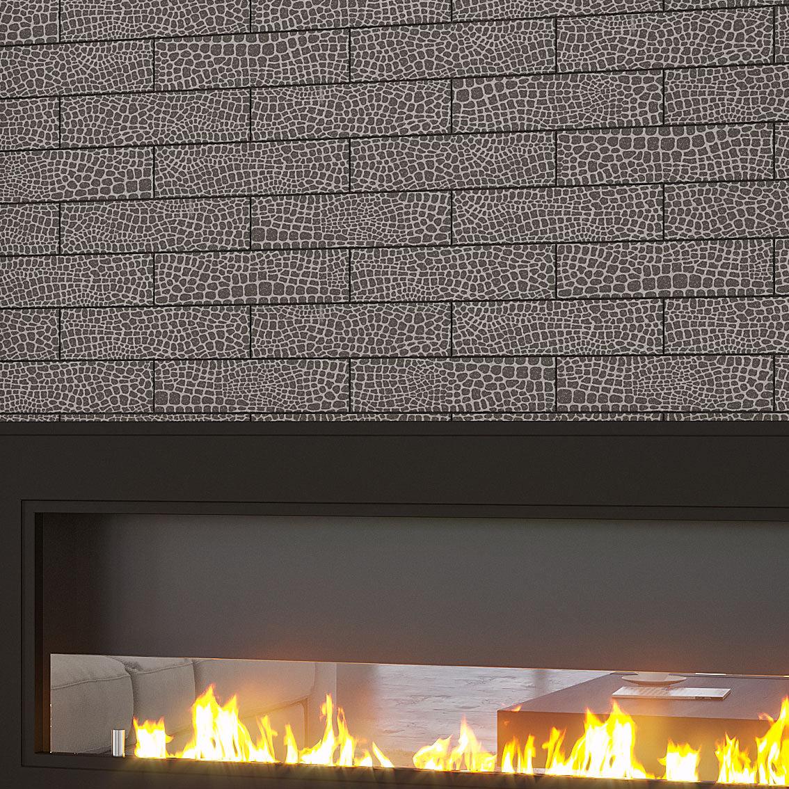 Black Gator Etched Subway Marble Tile Fireplace Surround