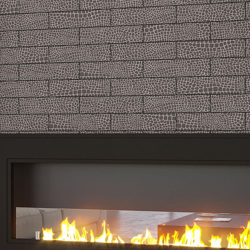 Black Gator Etched Subway Marble Tile Fireplace Surround