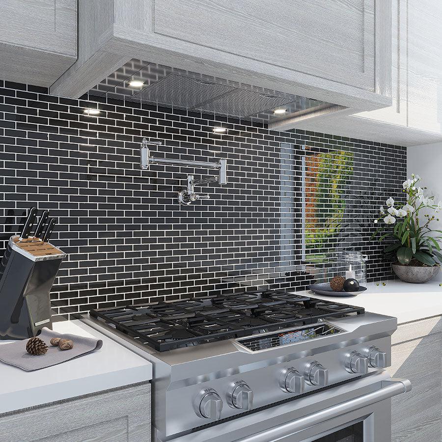Modern Black and White Kitchen with Obsidian Glass Brick Tile