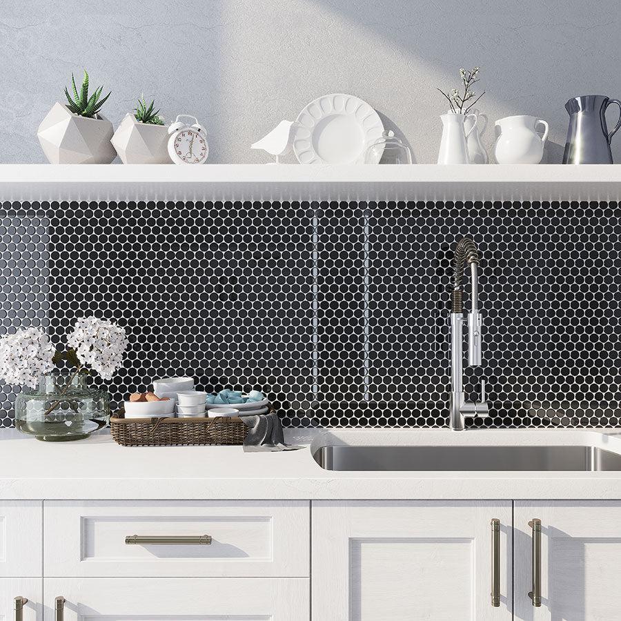 Add a dark touch to a classic kitchen with Obsidian Black Penny Round Glass Tile