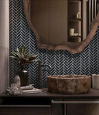 Wooden bathroom with Obsidian Black Herringbone Glass Tile backsplash