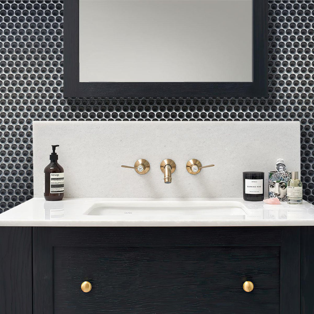 Black & white bayhroom with Obsidian Black Penny Round Glass Tile backsplash