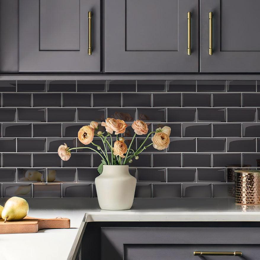 Black Vinyl Peel and Stick Subway Tile Kitchen Wall
