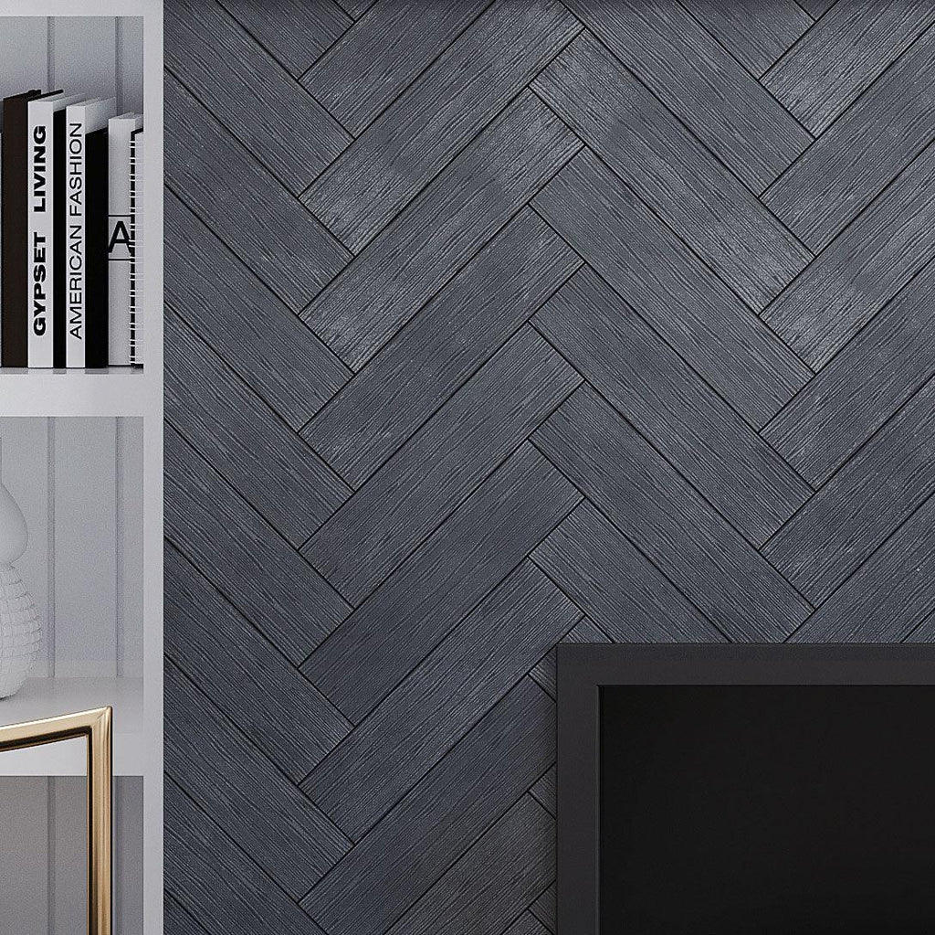 Black marble etched subway tile for a fireplace surround