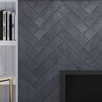 Black marble etched subway tile for a fireplace surround