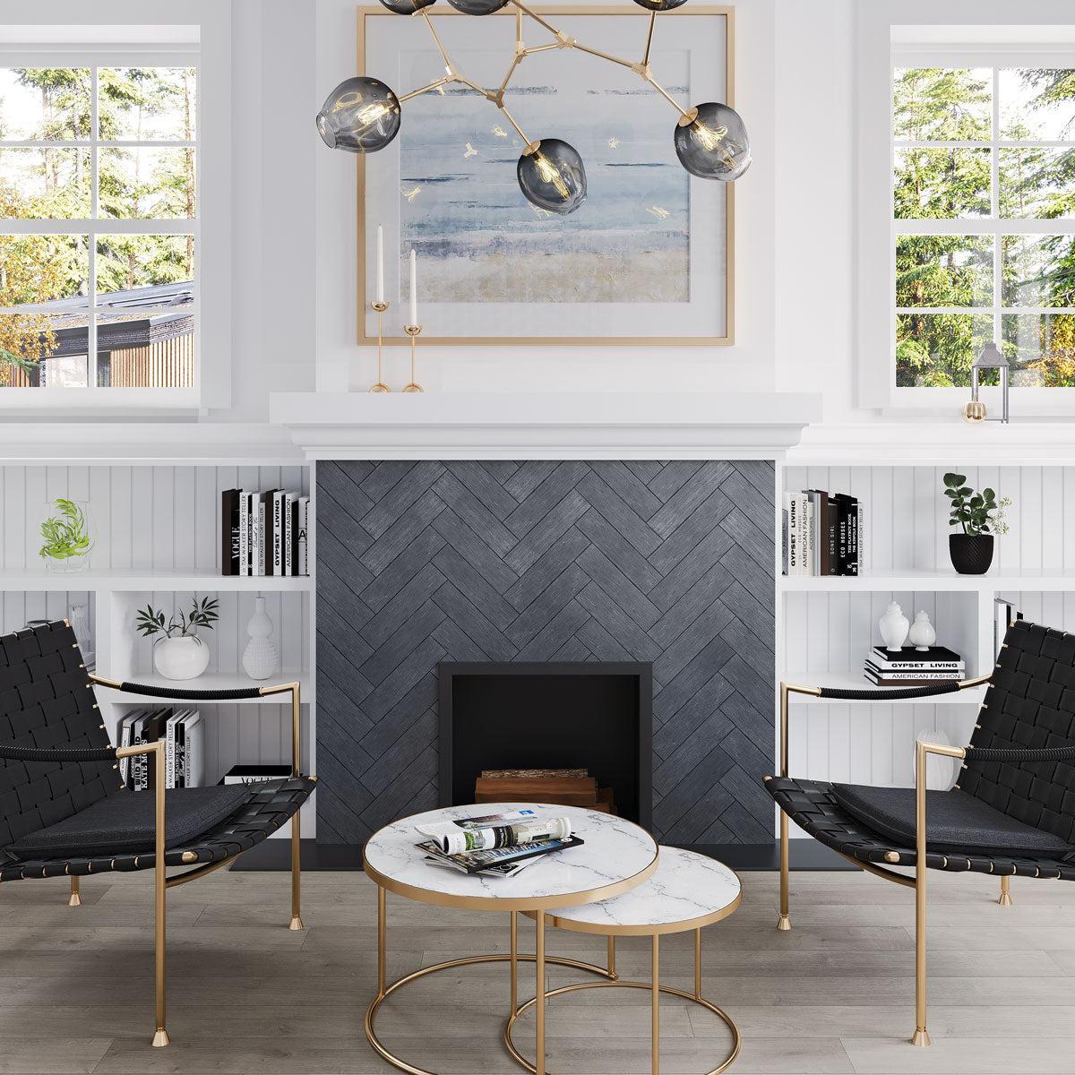 Contemporary living room design with black marble subway tile herringbone fireplace surround