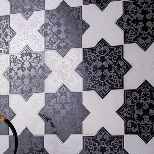 Moroccan Black Star & White Cross Etched Marble Mosaic Tile | Tile Club