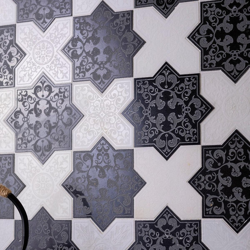 Moroccan Black Star & White Cross Etched Marble Mosaic Tile | Tile Club