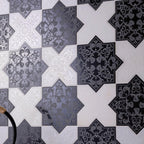 Moroccan Black Star & White Cross Etched Marble Mosaic Tile | Tile Club