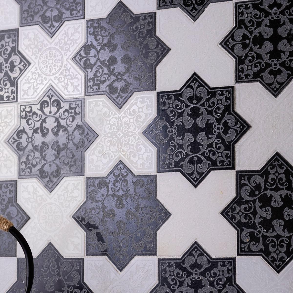 Moroccan Black Star & White Cross Etched Marble Mosaic Tile | Tile Club