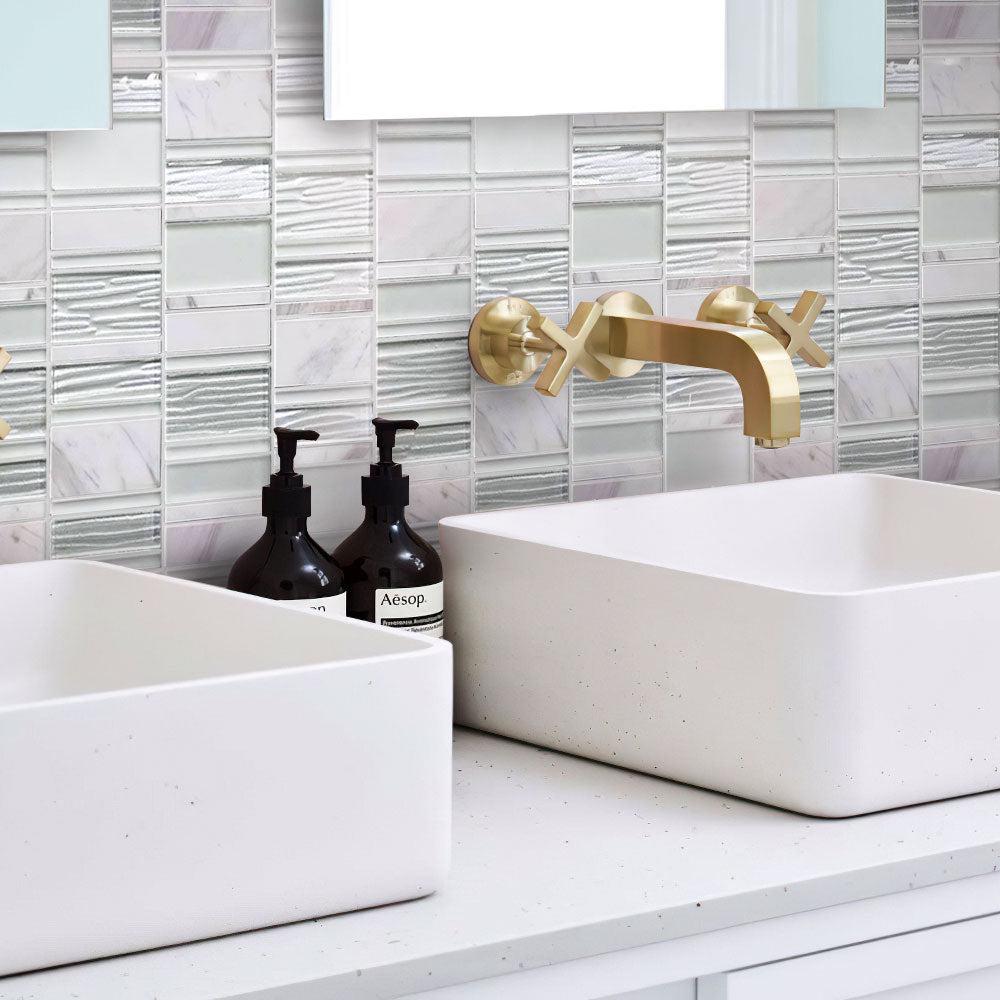Blocks Pearl White Marble And Glass Mosaic Bathroom Wall Tile