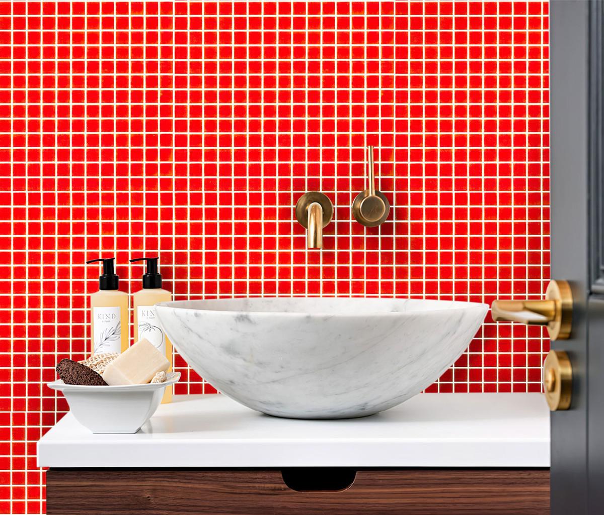 Blood Orange Squares Glass Pool Tile Bathroom Backsplash