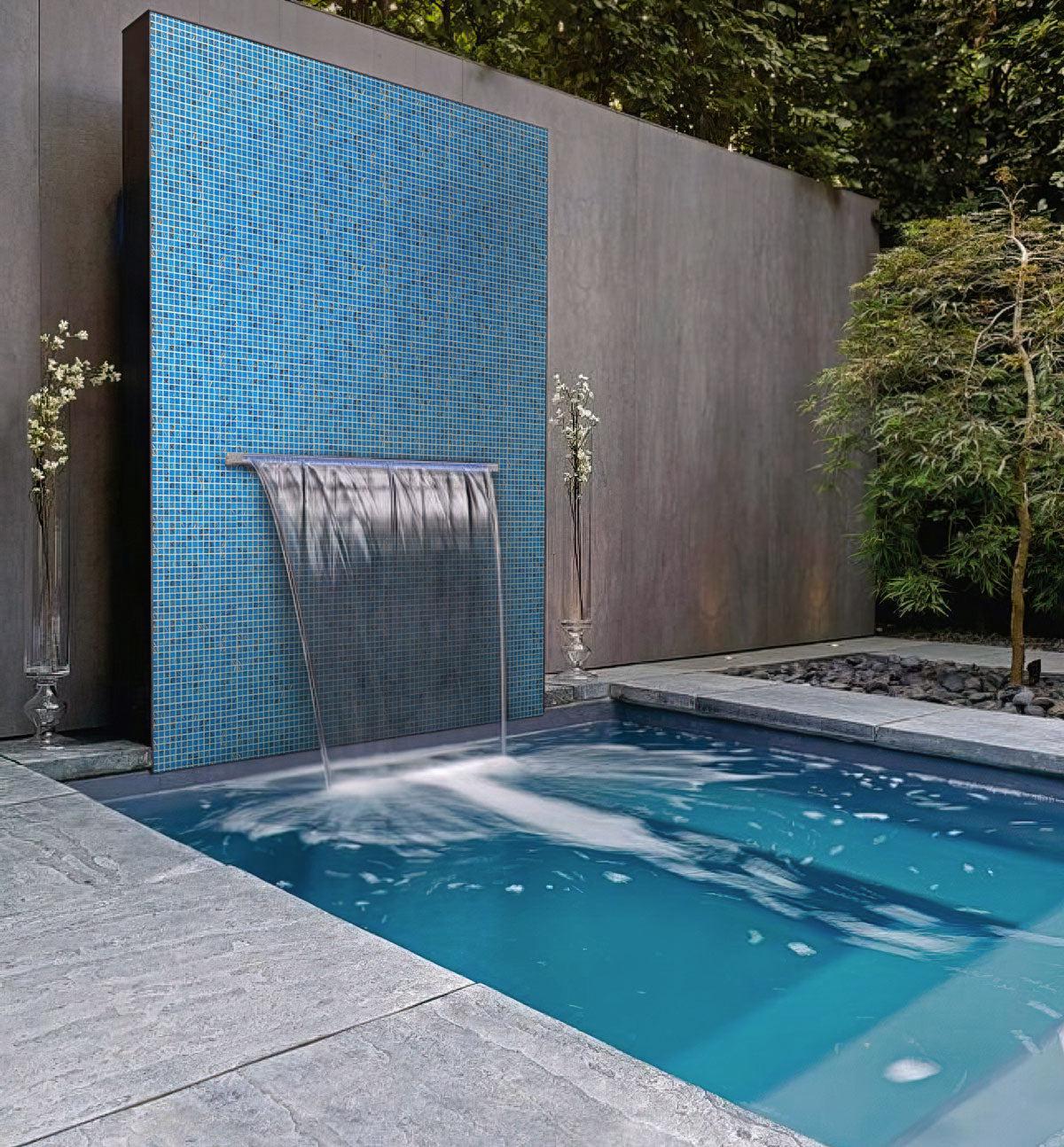 Outdoor Pool lined with Blue and Golden Sparkles Squares Glass Pool Tile