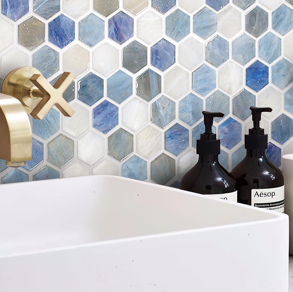 Blue And White Hexagon Glass Mosaic Tile | Tile Club